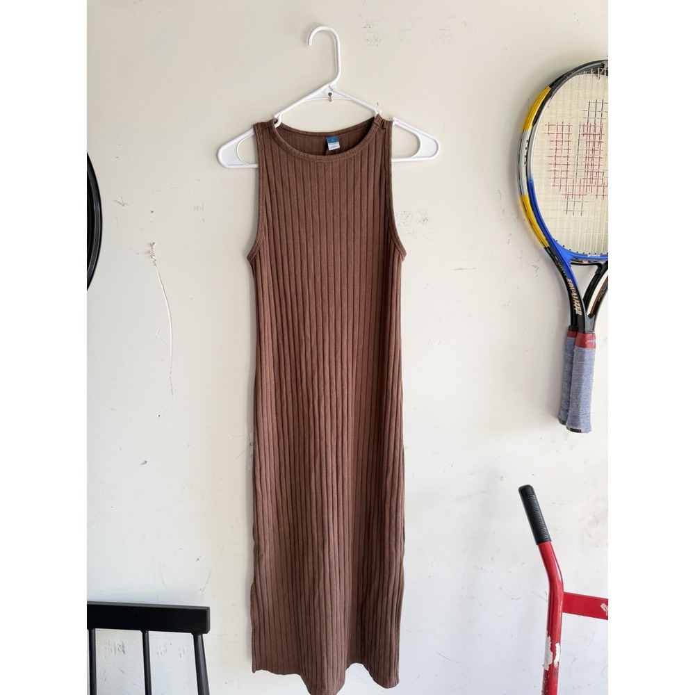 Old Navy Brown Ribbed M Tank Dress Pockets Cotton Blend Casual Neutral Lounge